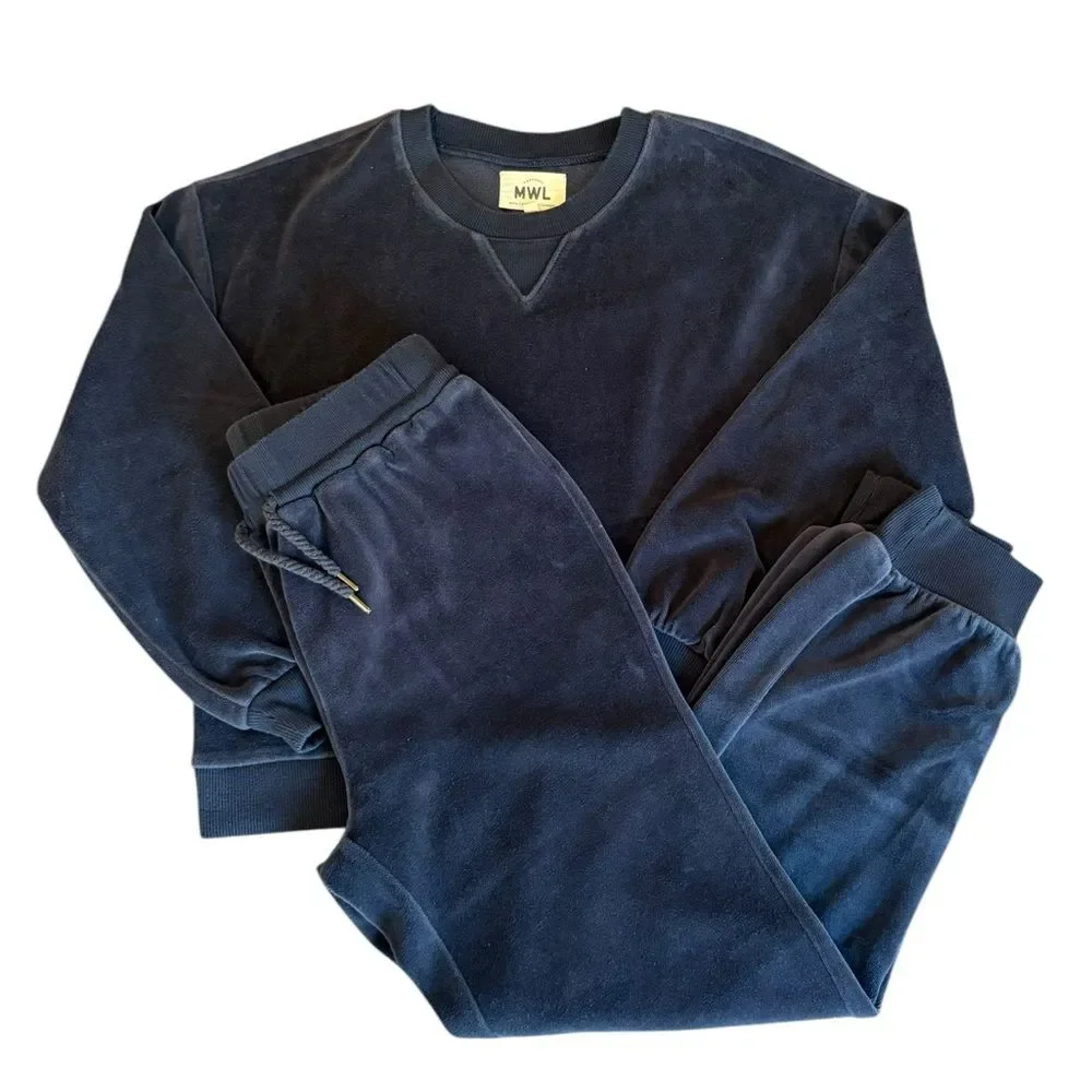 Madewell MWL Velour Crewneck Sweatshirt And Slim Joggers Set Womens XS Navy Blue
